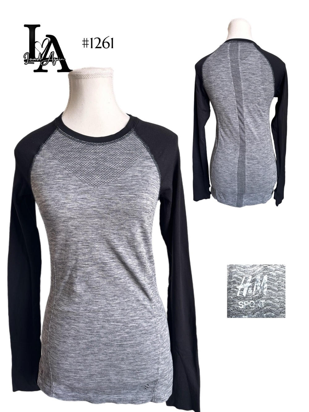 H&M  Women's Grey & Black Long Sleeve Performance Top